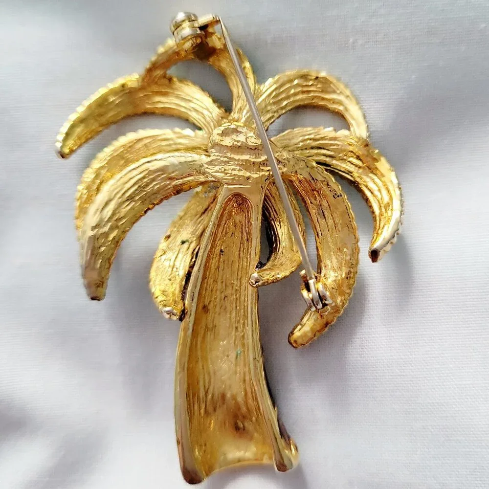 Vintage 1980s Palm Tree Brooch Enamel Gold Tone Tropical Statement Pin - Picture 5 of 5